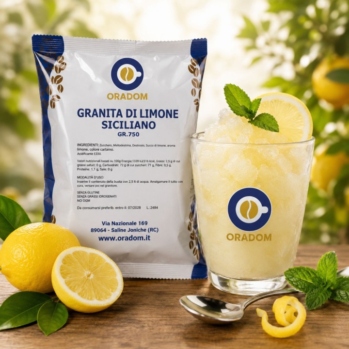 Preparato per granita al limone siciliano ORADOM da 750 g con granita al bicchiere